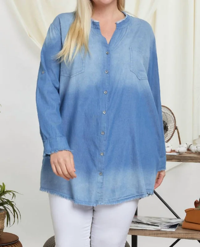 Rustic Fringe Hem Chambray Shirt Plus Dress In Denim Comfortable Garments For Women