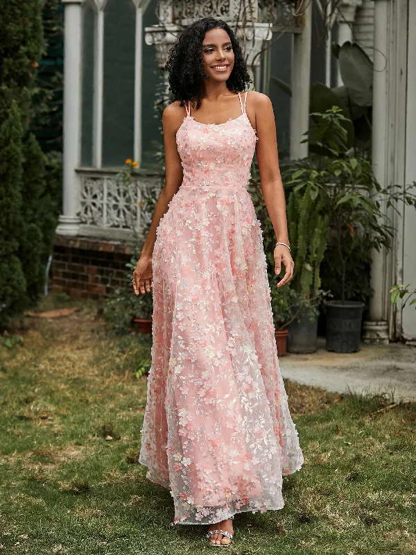 Spaghetti Straps Lace-up Flowers Appliqued Prom Dress Coral Women's Seasonal Apparel