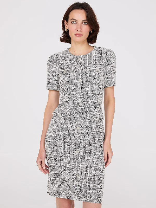 Short Sleeve Button-Front Boucle Sheath Dress Women's Outerwear Apparel