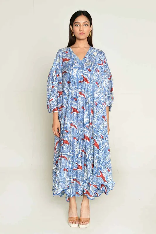 Evening Elegance Blue Block-Printed Oversized Dress
