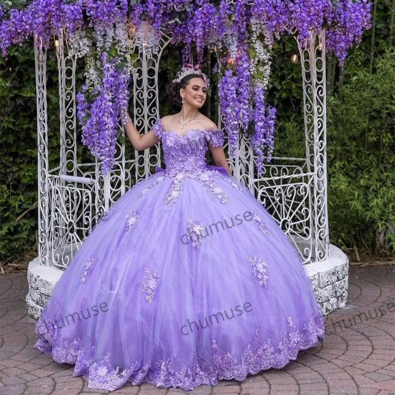 Summer Fashion Lilac Quinceanera Dresses 3D Appliqued Sweet 16 Dress Lace-Up Big Bow Birthday Party Summer Fashion Lilac Quinceanera Dresses 3D Appliqued Sweet 16 Dress Lace-Up Big Bow Birthday Party