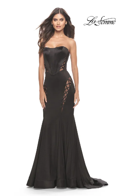 Trending Items La Femme Strapless Long Black Dress with Cut Outs
