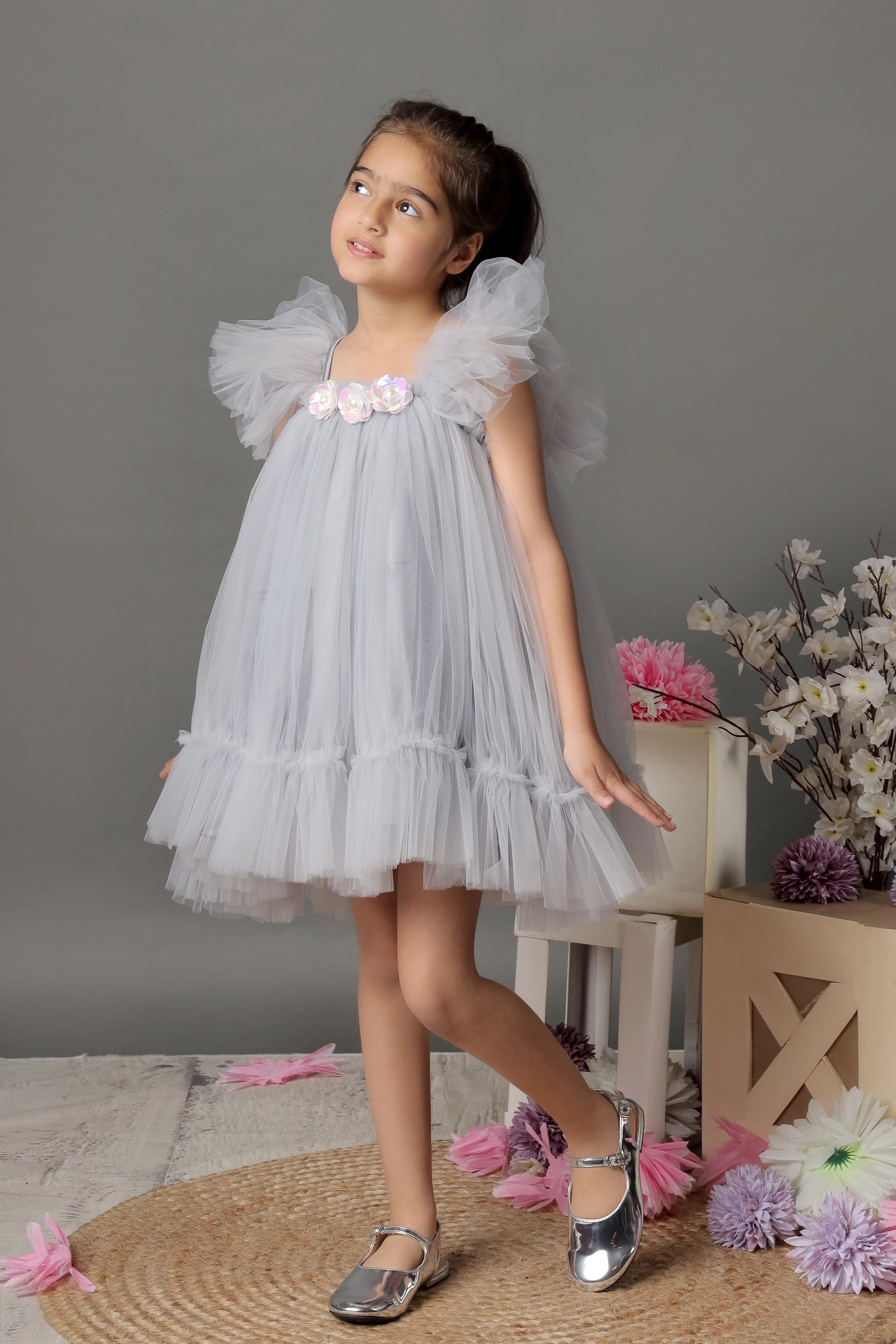 Modern Women's Apparel Silver Petal Flutter Dress