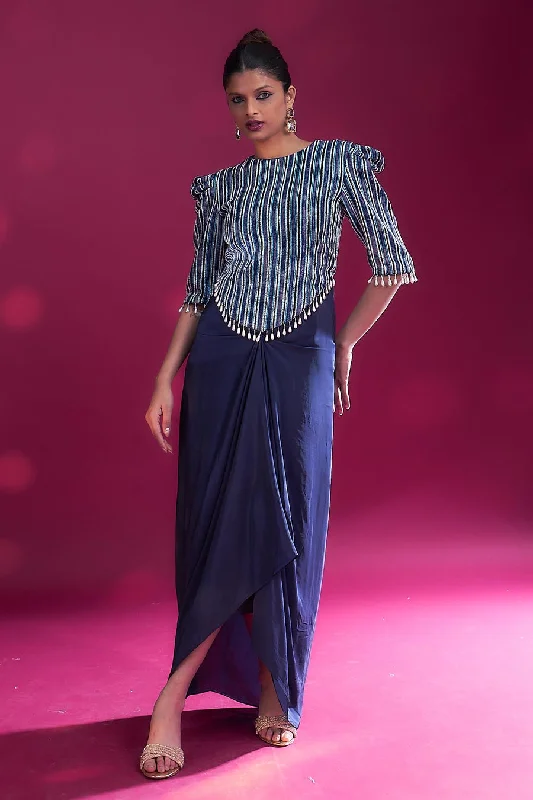 Clothing Store Deep Blue Ajrakh Embroidered Draped Dress