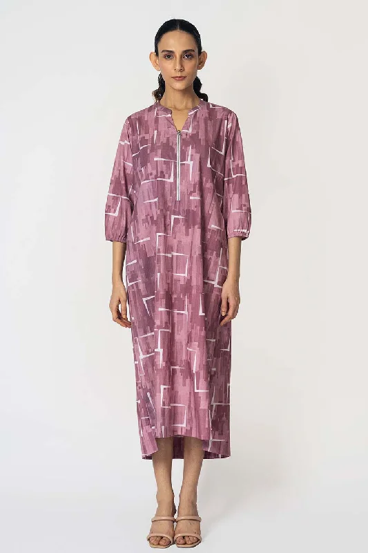 Shop Ladies Clothes Pink Brick Printed Zipper Dress