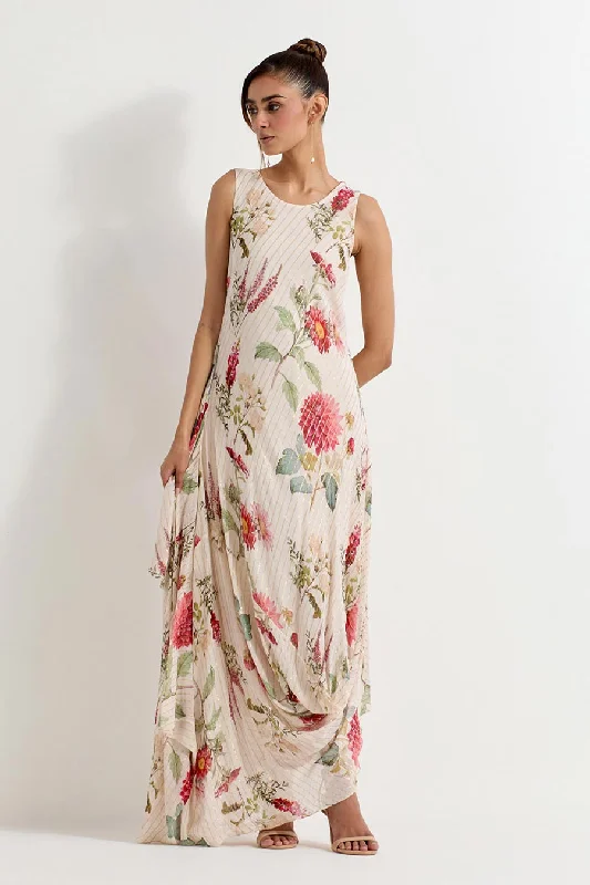 Extreme Clearance Deals Daisy Printed Lurex Georgette Drape Dress