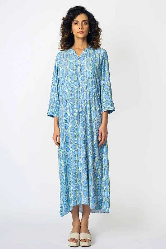 Stylish Women's Clothes for Work and Play Ice Blue Rhombus Printed Drawstring Dress
