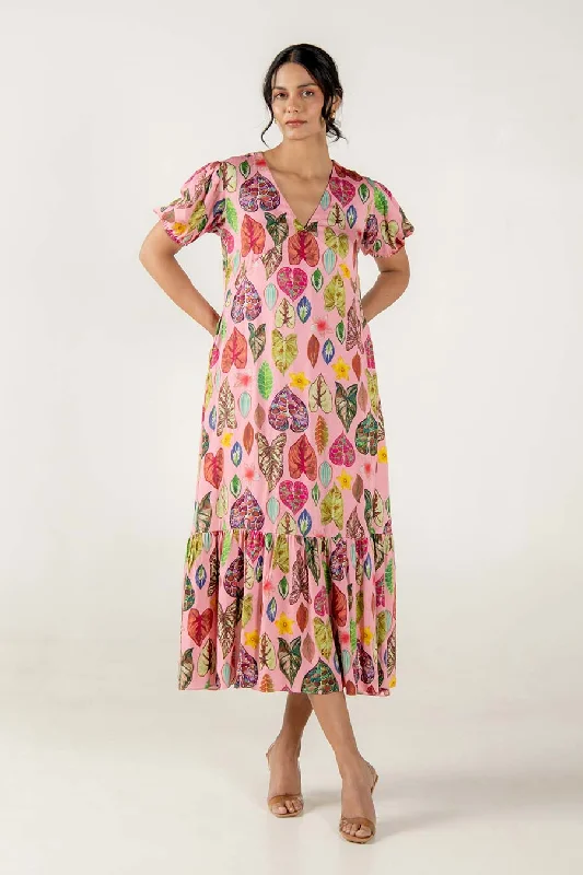 Chic Women's Clothing Online Coral Pink Leaf Print Pleated Dress
