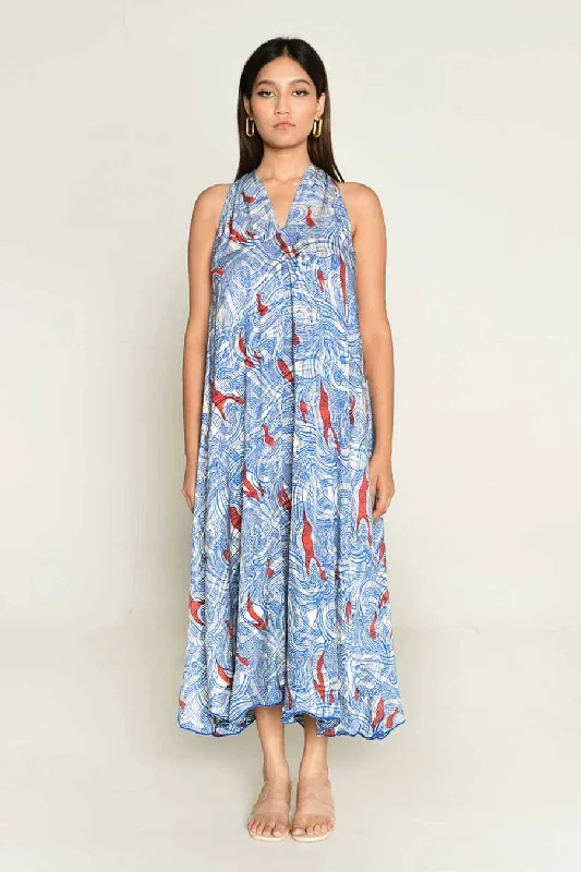 Feminine Dresses for Women in Bold Prints Blue Block-Printed Flared Dress