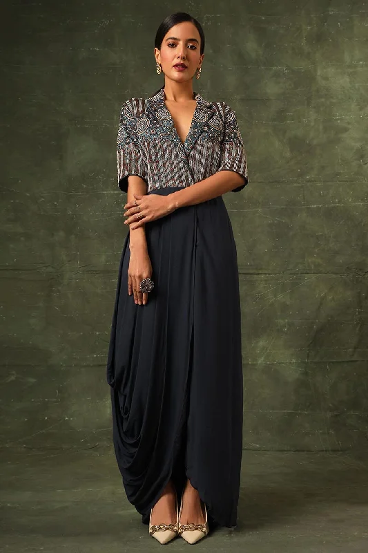 Premium Fabrics Blue Ajrakh Embroidered Draped Tunic Dress