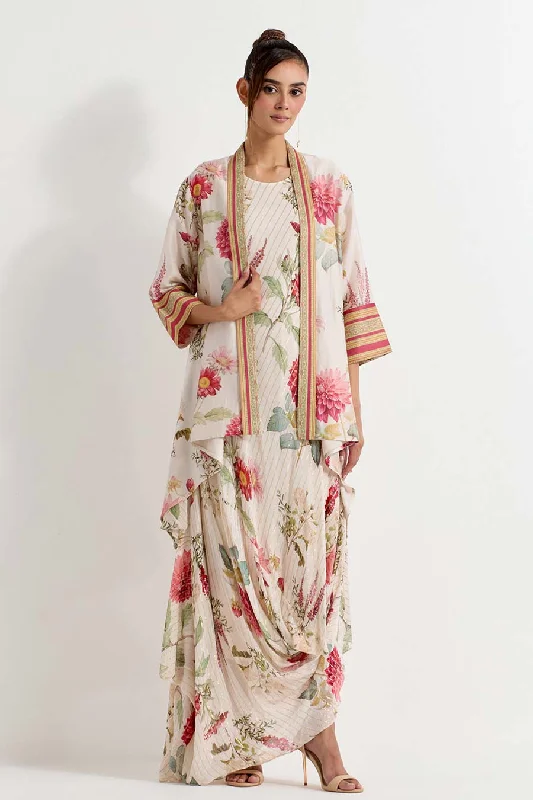 Trendy Boutique Online Daisy Printed Lurex Drape Dress With Jacket