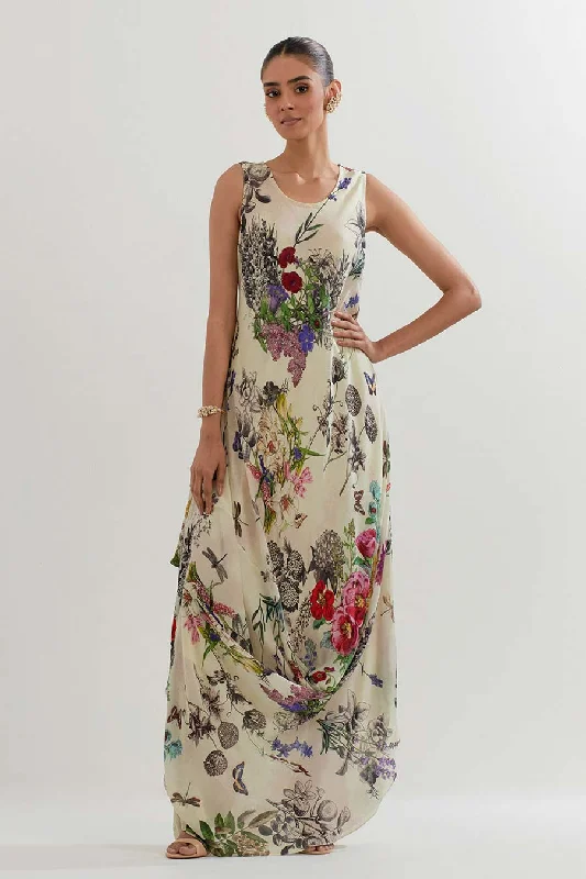 Women's Clothing Online Botanical Printed Cowl Drape Dress