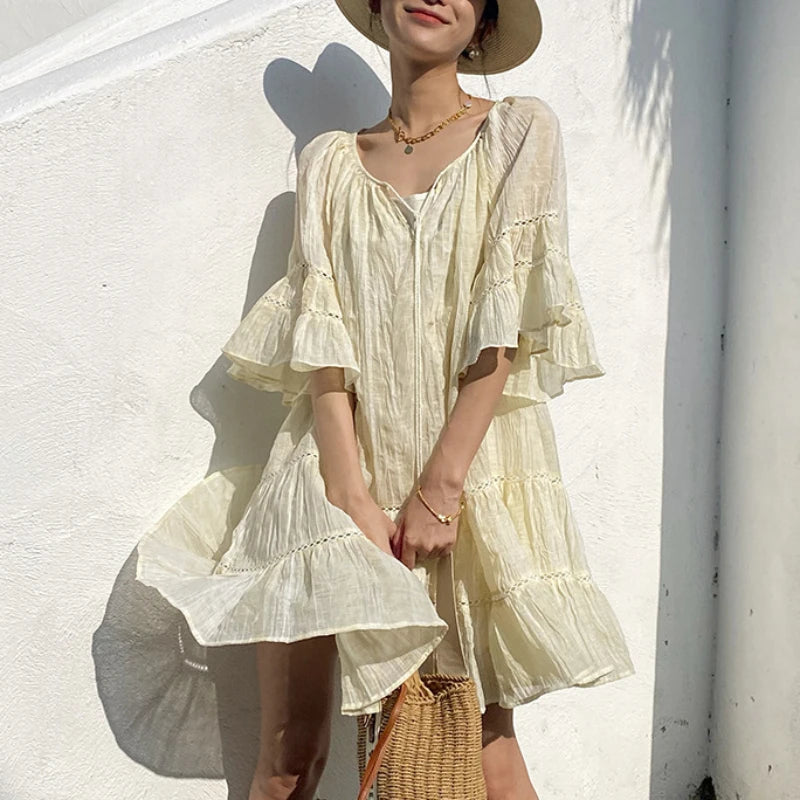Chic Style, Always In Vogue FashionSierra-Ruffles A-line Loose Short Tassel Vintage Soild Summer Party Boho Dress Chic Style, Always In Vogue FashionSierra-Ruffles A-line Loose Short Tassel Vintage Soild Summer Party Boho Dress