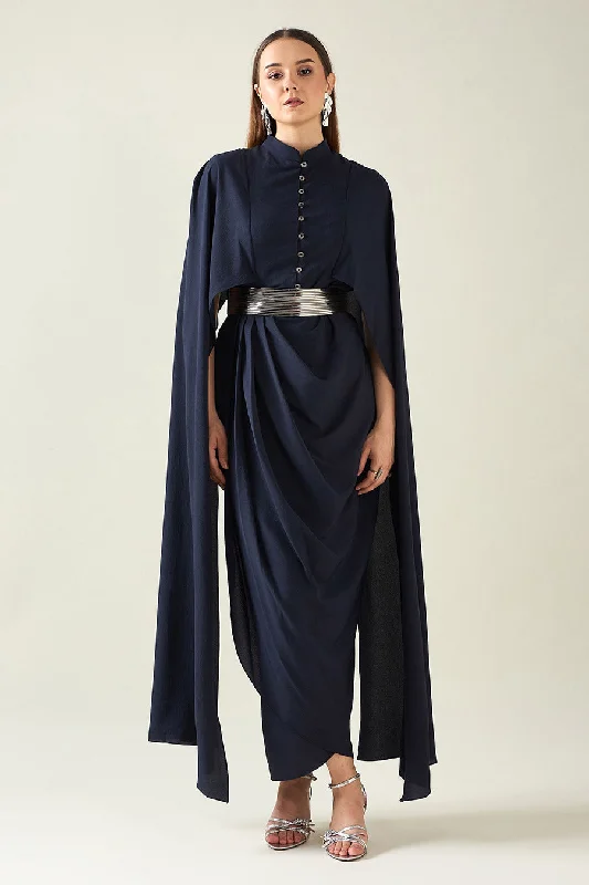 Women's Evening Wear Navy Armour Drape Dress With Metallic Finish Belt
