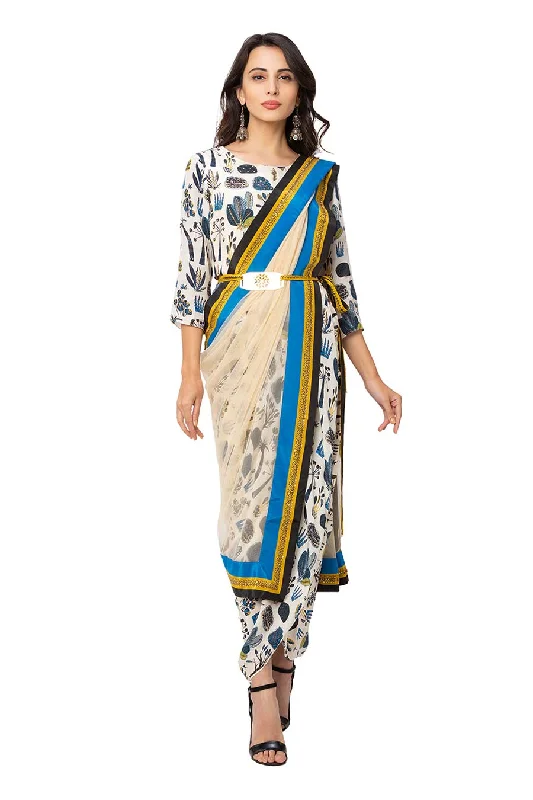 Affordable Women's Clothing Online Off White Pre-Stitched Saree Dress
