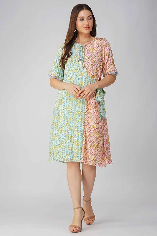 Attire Sale Pink & Blue Leaf Printed Asymmetrical Dress