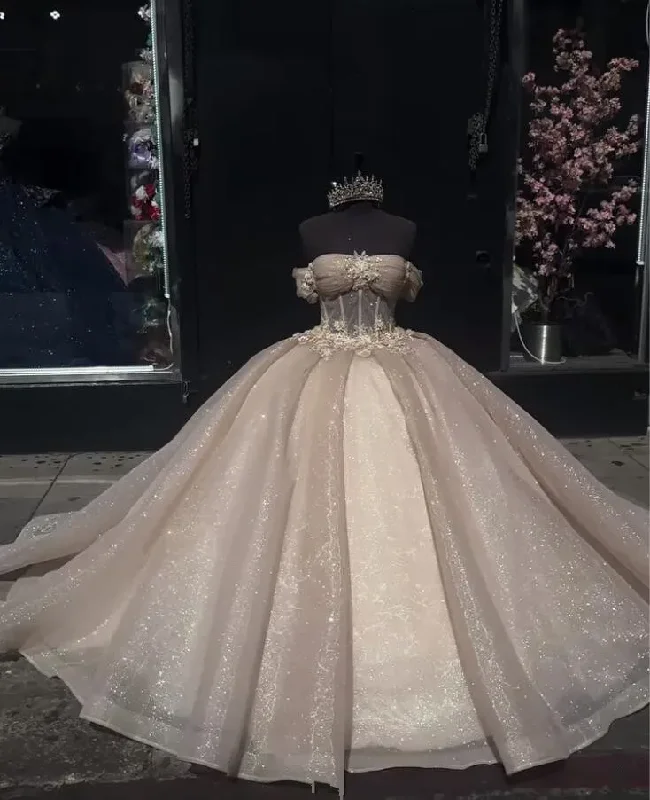 Women's Trendy Outfits Champagne Sparkly Princess Quinceanera Dresses Off Shoulder Gillter Corset vestidos de 15 años quinceañeras Sweet 16 prom