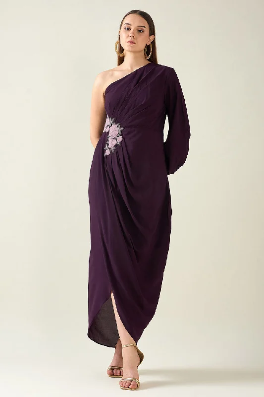 Sustainable Fashion Extravaganza Purple One-Shoulder Embellished Drape Dress