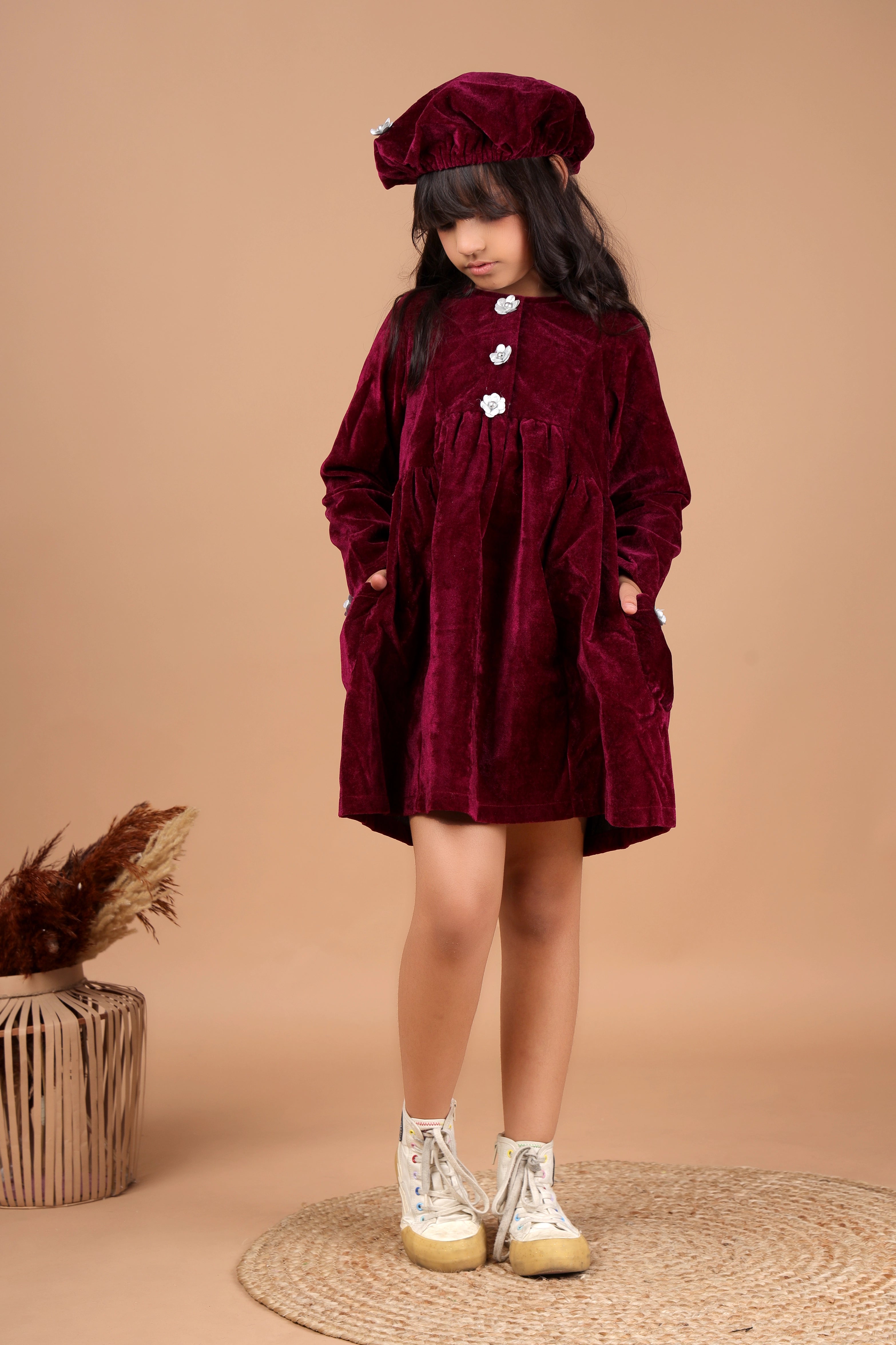 Hot Trends Play In Velvet Dress (with Cap)