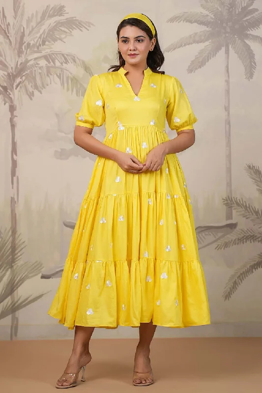 Eclectic Fashion Yellow Embroidered Tiered Dress