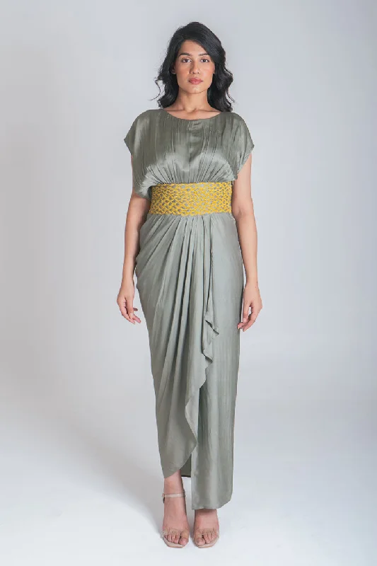 Bold and Elegant Women's Fashion Green-Yellow Braided Drape Dress