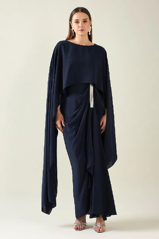 Contemporary Women's Clothing Navy Alloy Embellished Drape Dress