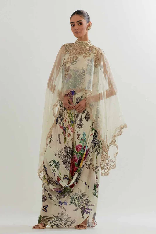 Women's Outerwear for All Weather Conditions Embroidered Organza Cape & Printed Drape Dress Set