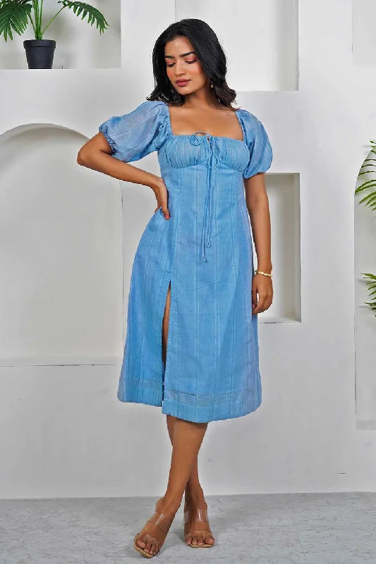 Embrace New Fashion Blue Stripes Slit Dress