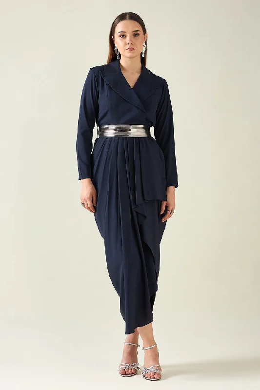 High Street Women's Fashion for Trendy Shoppers Navy Notch Drape Dress With Metallic Finish Belt