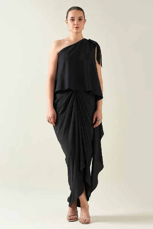 Feminine Grace Black Crystal Embellished One-Shoulder Drape Dress