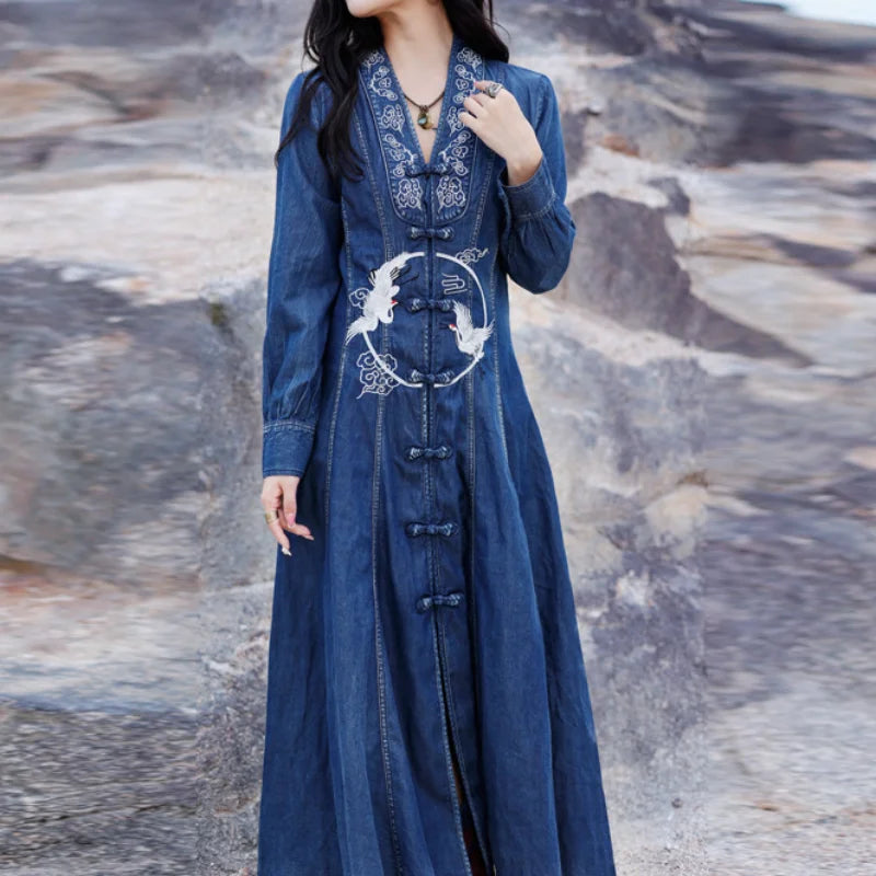 Latest Trends FashionSierra-Ladies QiPaoShi Denim Wind Maxi Retro Swan Embroidery Button V Neck Fashion Boho Dress Latest Trends FashionSierra-Ladies QiPaoShi Denim Wind Maxi Retro Swan Embroidery Button V Neck Fashion Boho Dress