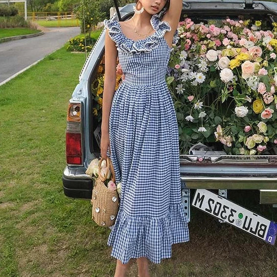 Women's Clothing Sets FashionSierra-Butterfly Sleeve Blue Plaid For Women Vintage Cotton Rayon Summer Long Party Ladies Vestidos 2024 Boho Dress