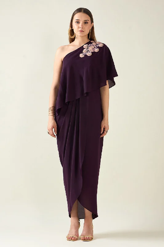 Chic Women's Clothing Online Purple One-Shoulder Embellished Drape Dress