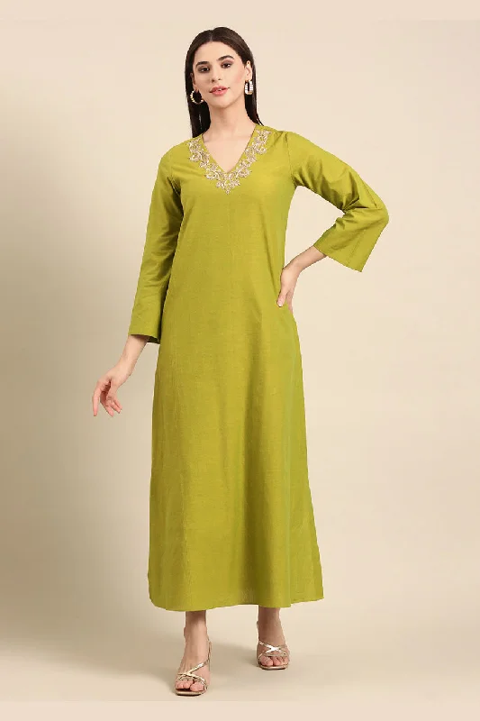 Women's Fashion Clothing Green Embroidered Dress