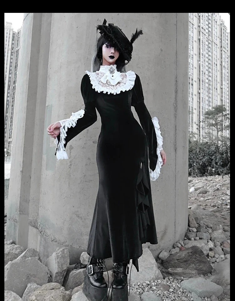Online Boutiques Affordable New Original Design Japanese Vintage Black Dress Lace Patch Turtleneck Trumpet Long Flare Sleeve Gothic Dress