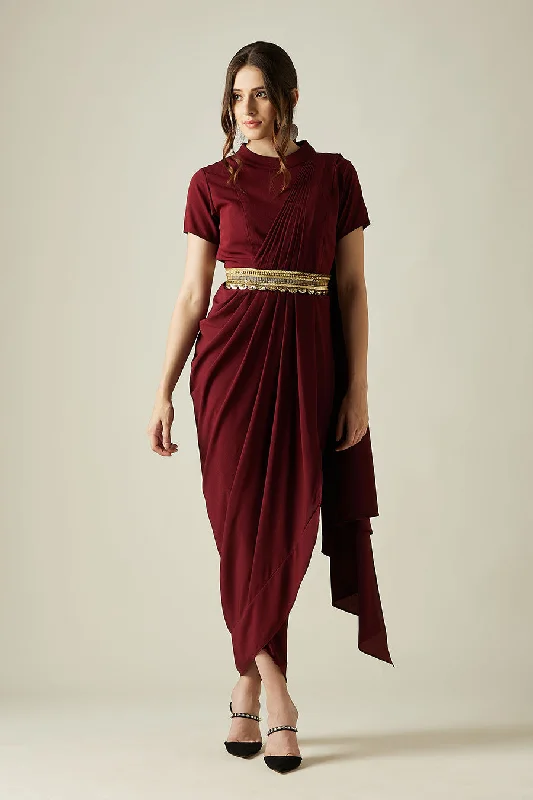 Best Clearance Sales Right Now Wine Saree Dress With Molten Gold Belt