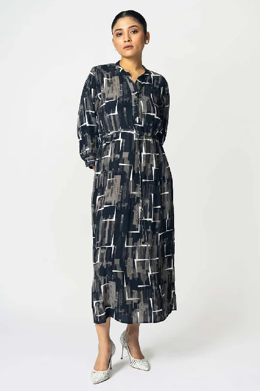 Summer Essentials Black Rhombus Printed Drawstring Dress