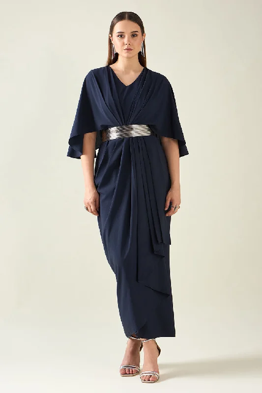 Latest Fashion for Women Midnight Navy Drape Dress With Metallic Finish Belt