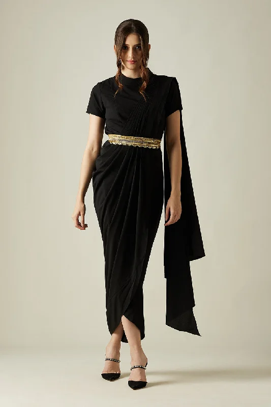 Fashion Sale Black Saree Dress With Molten Gold Belt