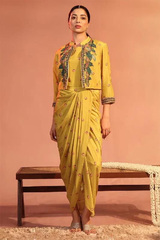 Travel Essentials Yellow Tamaya Embroidered Draped Dress With Jacket