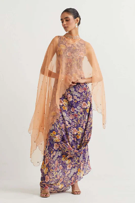 Women's Clothes Peach Embroidered Cape With Printed Drape Dress