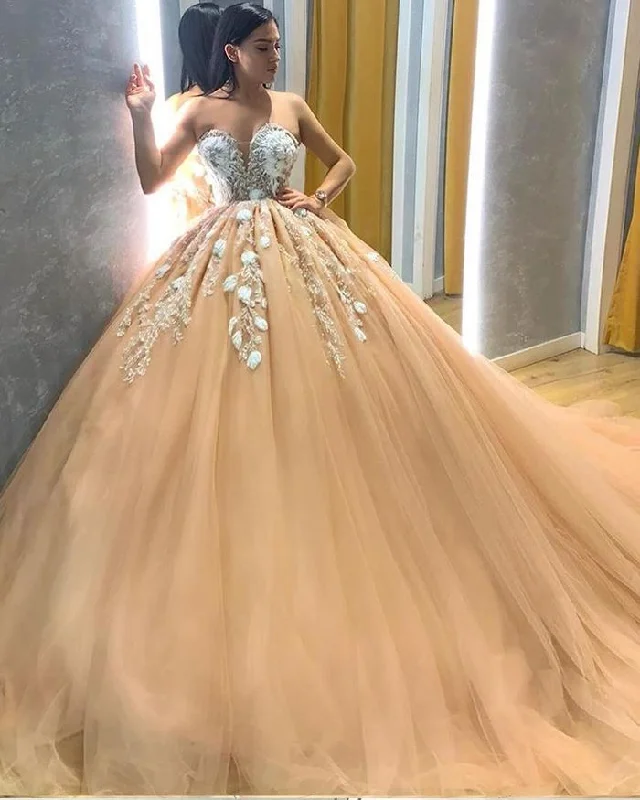 Chic Wardrobe Essentials Lace Applique Bodice Champagne Sweetheart Pleated Tulle Long Ball Dress Custom Size Y602 Chic Wardrobe Essentials Lace Applique Bodice Champagne Sweetheart Pleated Tulle Long Ball Dress Custom Size Y602