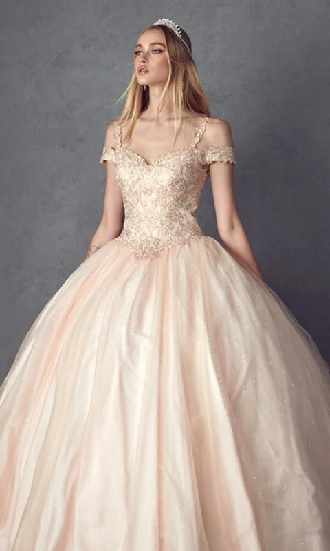 Stylish Dresses for Women Juliet 1430 Cold-Shoulder Glitter Quinceanera Dress