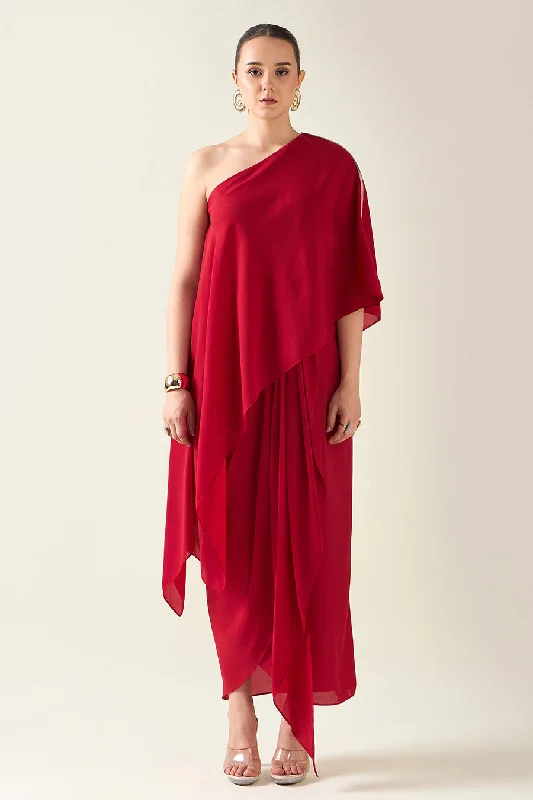 Feminine Charm Red Alloy Metallic Embellished Drape Dress
