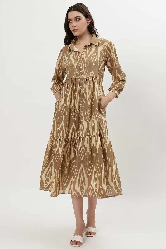 Bold Fashion Brown Lurex Ikat Printed Tiered Dress