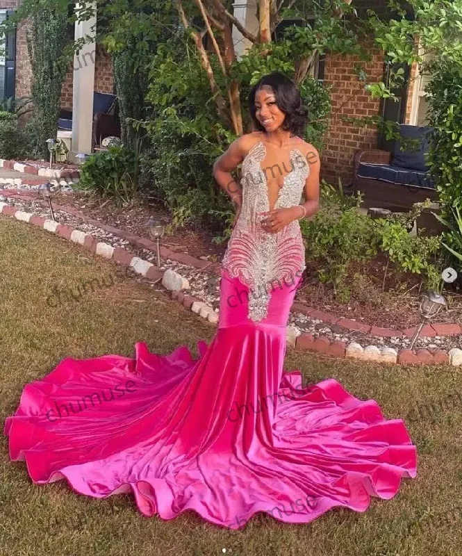 Women's Outerwear for All Weather Conditions Fuchsia Pink Sparkly Long Prom Formal Reception Dresses