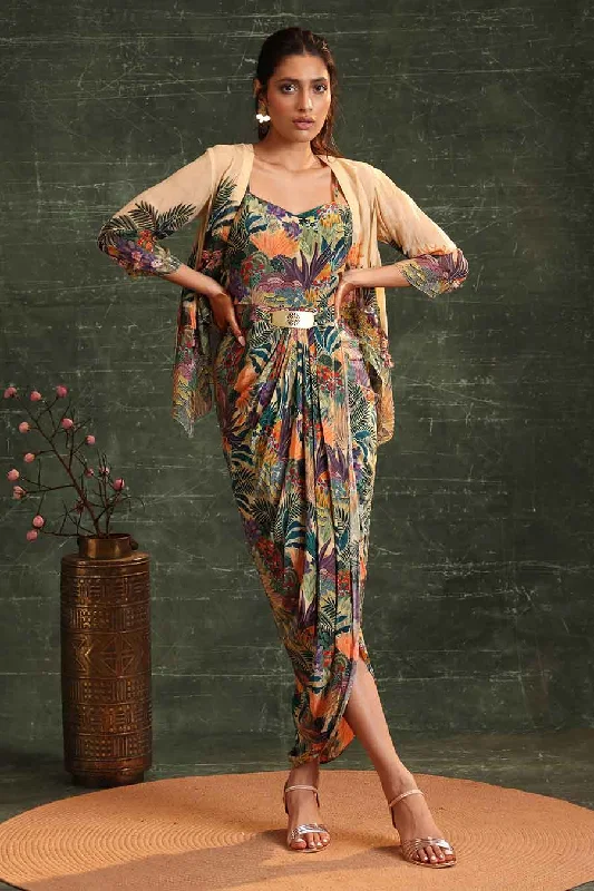 Romantic Date - Night Ensemble Beige Kaira Printed Drape Dress & Jacket Set