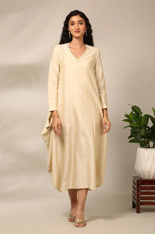 Trendy Women's Wear Collection Beige Embroidered Draped Dress