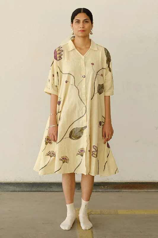 Y2K Nostalgic Fashion Look Beige Hand-Painted Button Down Dress