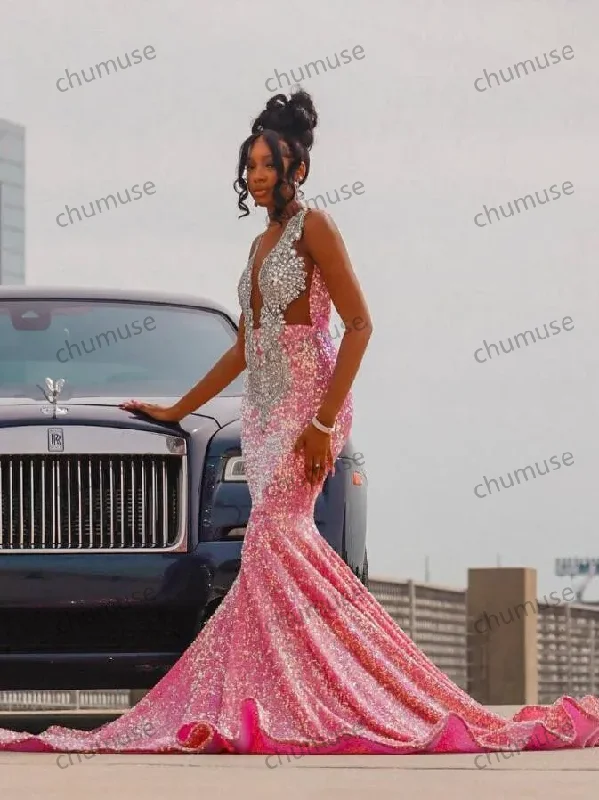 Crazy Price Slashing Pink Sparkly Long Mermaid Prom Ceremony Dresses for Black Girl Luxury Diamond Crystal Velvet Evening Birthday Gala Dress